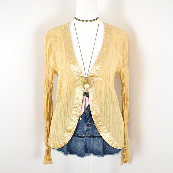 VTG 00s Y2K Kaelyn-Max Cream Yellow Sheer Plisse Pleats Long Sleeve Cardigan - Picture 4 of 8